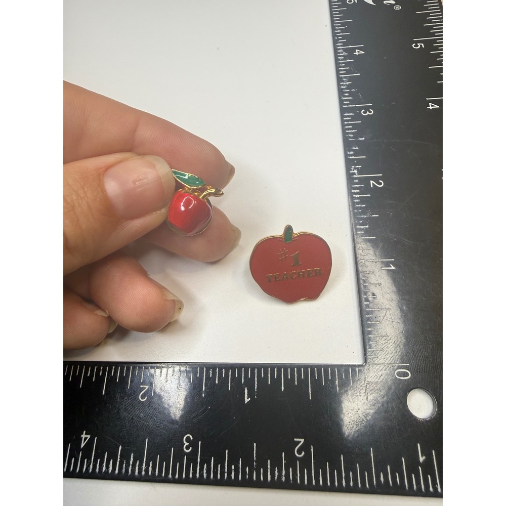 2pc Red Apple Pin Set #1 Teacher Gold Tone Enamel‎ Lapel Pins Educator Gift